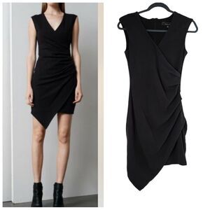 Adelyn Rae Ruched SZ:XS V-neck Asymmetrical bodycon black party faux wrap dress